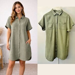 Weatherproof Vintage Green Shirt Button Down Shirt Dress Summer Midi Dress.Large